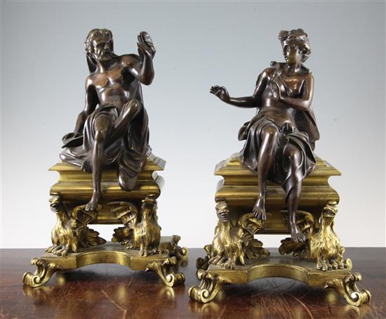 A pair of 19th century French bronze and ormolu figural andirons representing Winter, 14in.